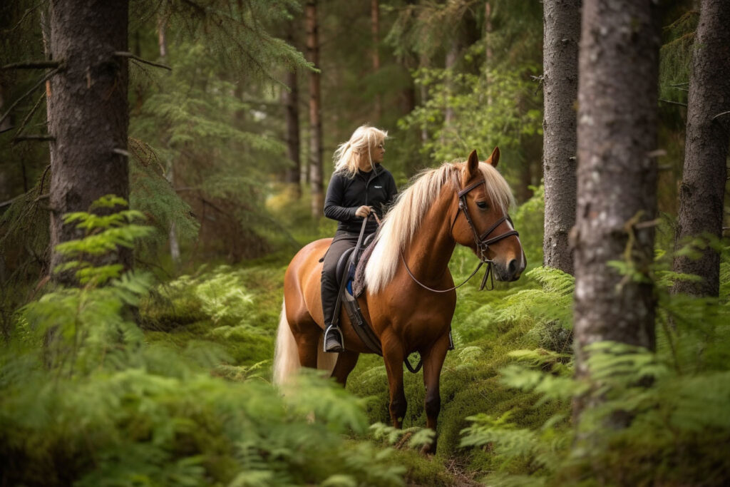 Ein Mädchen, das in einem Wald auf einem Pferd reitet, während einer Pferdeausbildungssitzung mit Coaching Zeitgeschenk.